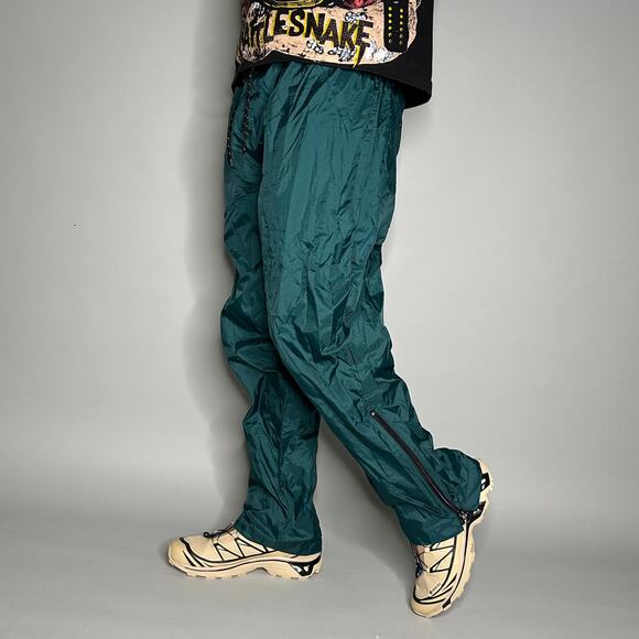 Vintage Track Pants Forest Green Nylon Baggy Fit has Ankle Zippers to Flare 90s - Picture 1 of 4